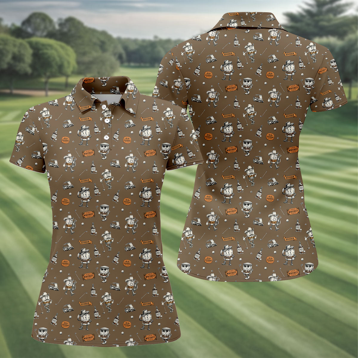 Funny Bourbon Whiskey Golf Pattern Polo Shirt, Women's Golf Polo, Printed Golf Shirt