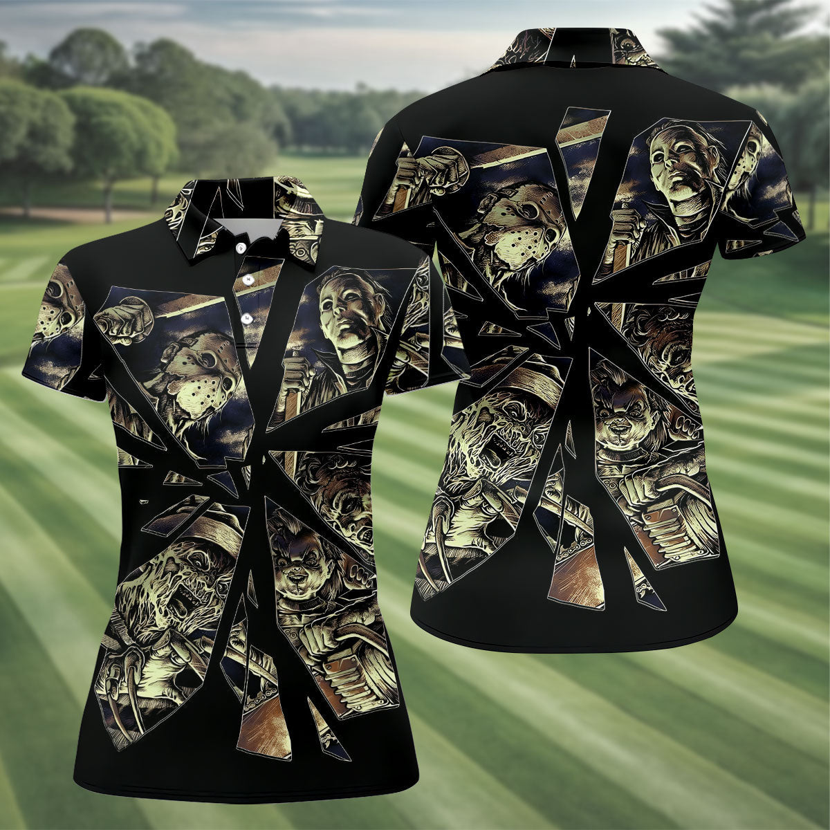 Broken Glass Horror Character Collage Golf Polo Shirt, Womens Golf Polo, Ladies Golf Shirts