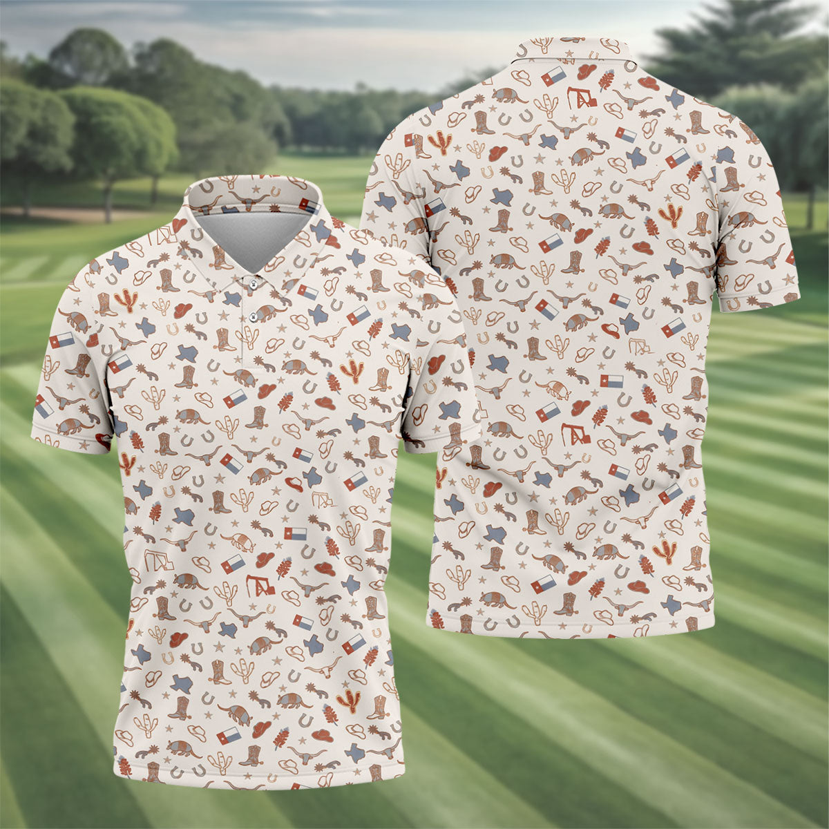 Beige Texas Cowboy Pattern Golf Polo Shirt, Hawaiian Golf Shirt, Golf Polo Shirts For Men