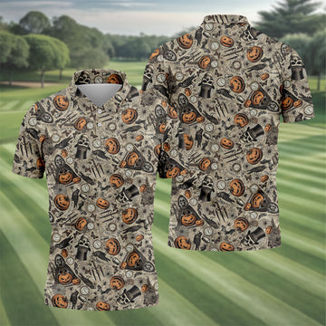 Vintage Pumpkin Skull Halloween Golf Shirt, Golf Shirts For Men, Golf Apparel For Men