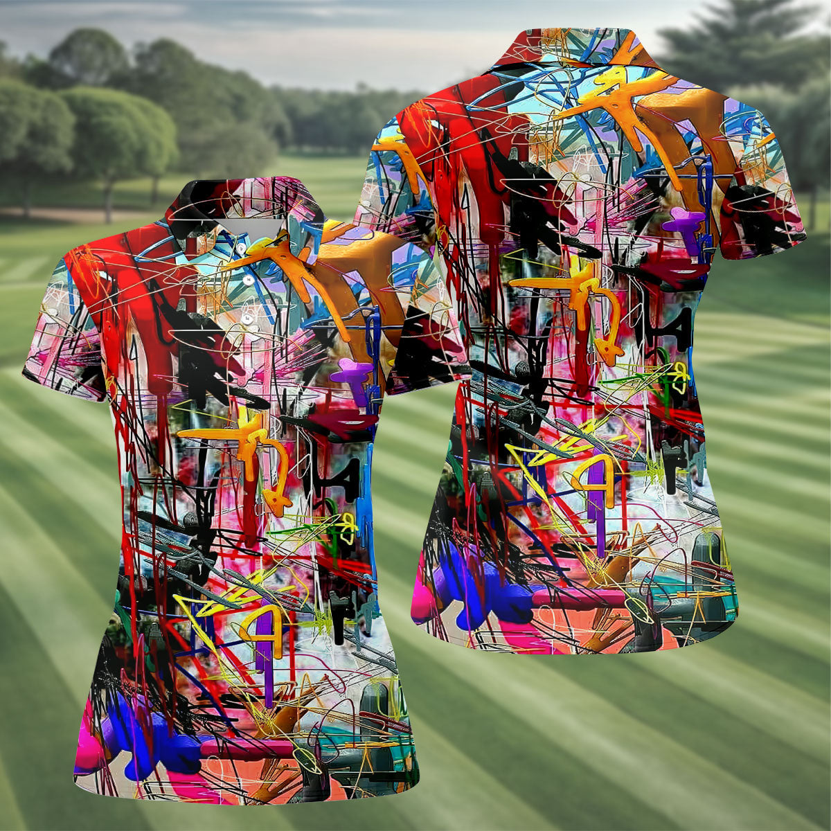 Colorful Abstract Graffiti Street Art Golf Shirt, Women’s Golf Apparel, Golf Tops For Women