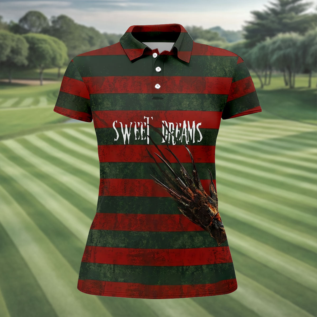 Sweet Dreams Horror Striped Golf Polo Shirt, Women’s Golf Polo, Printed Golf Shirt