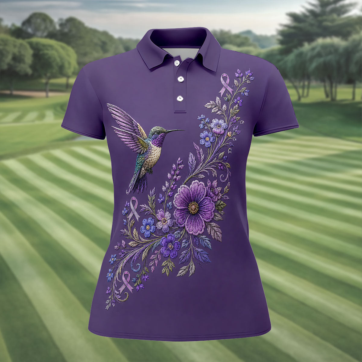 Cancer Awareness Purple Ribbon Floral Polo Shirt, Womens Golf Polo, Golf Shirts For Women