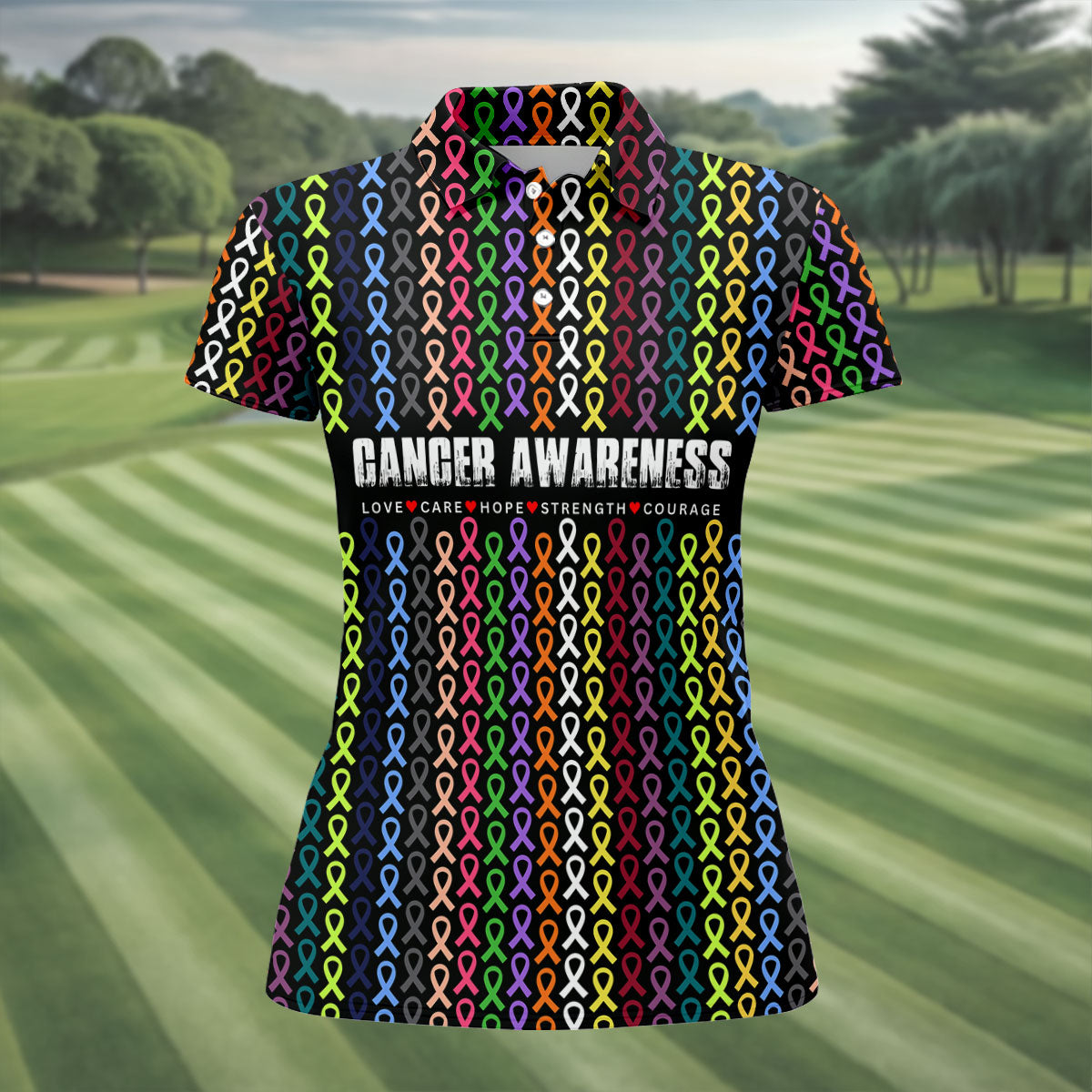 Multicolor Ribbon Cancer Awareness Polo Shirt, Womens Golf Tops, Women's Golf Apparel