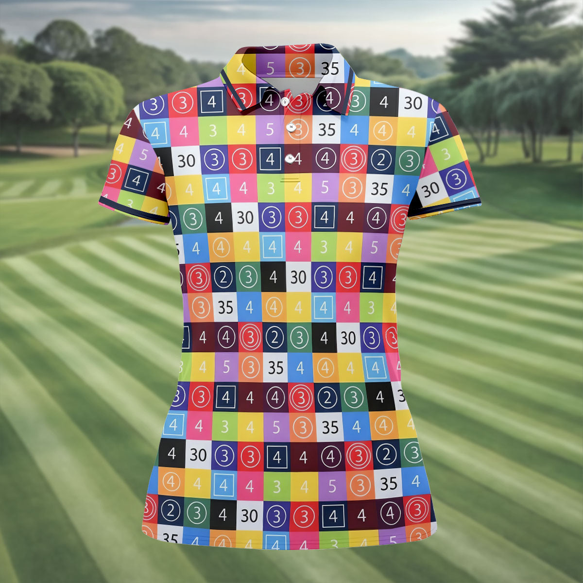 Colorful Golf Scorecard Pattern Polo Shirt, Ladies Golf Shirts, Women’s Golf Apparel