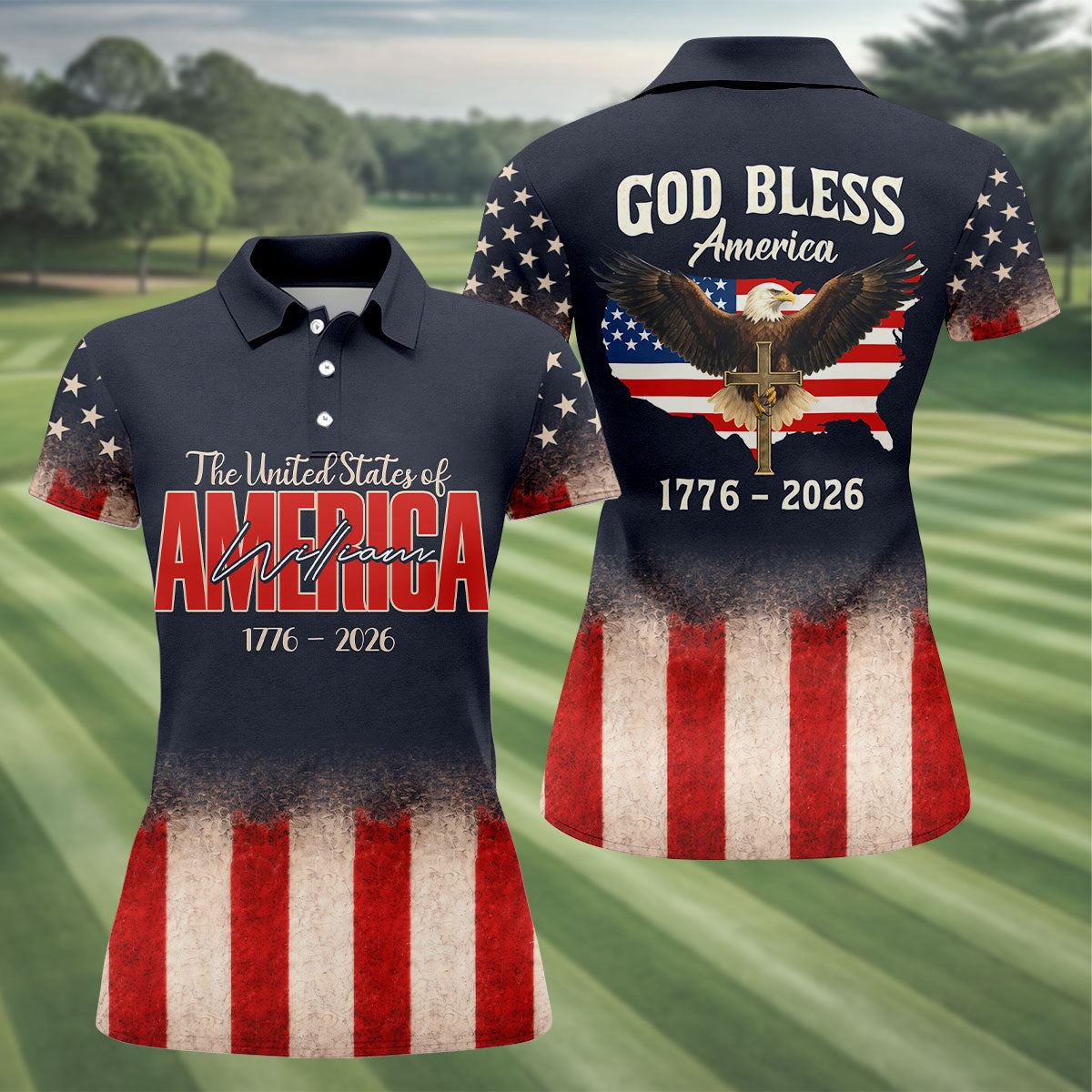 God Bless America Faith Cross Bald Eagle Patriotic Golf Shirt, 250 Years Golf Shirt For Women