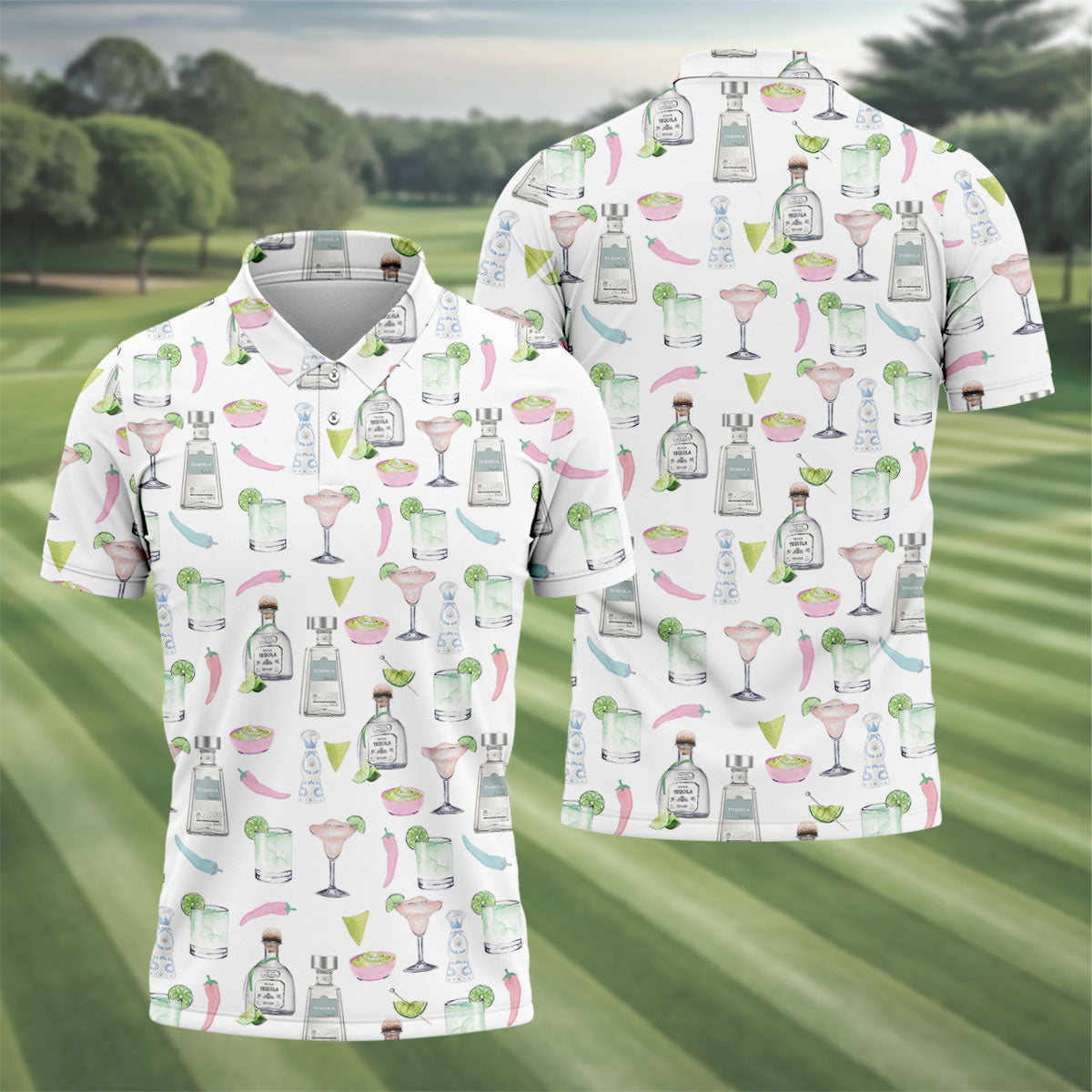 Pink Margarita Glass Tequila Lover Pastel Theme Golf Tops For Men, Polo Shirts For Men, Golf Shirts For Men