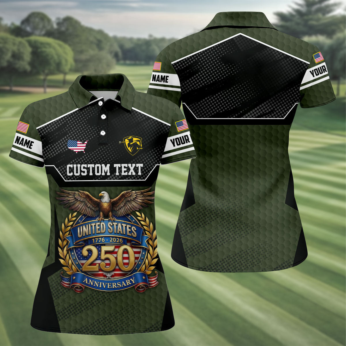 US 250 Anniversary Patriotic 4th Of July Green Golf Shirt, Ladies Golf Shirts, Golf Shirt For Women