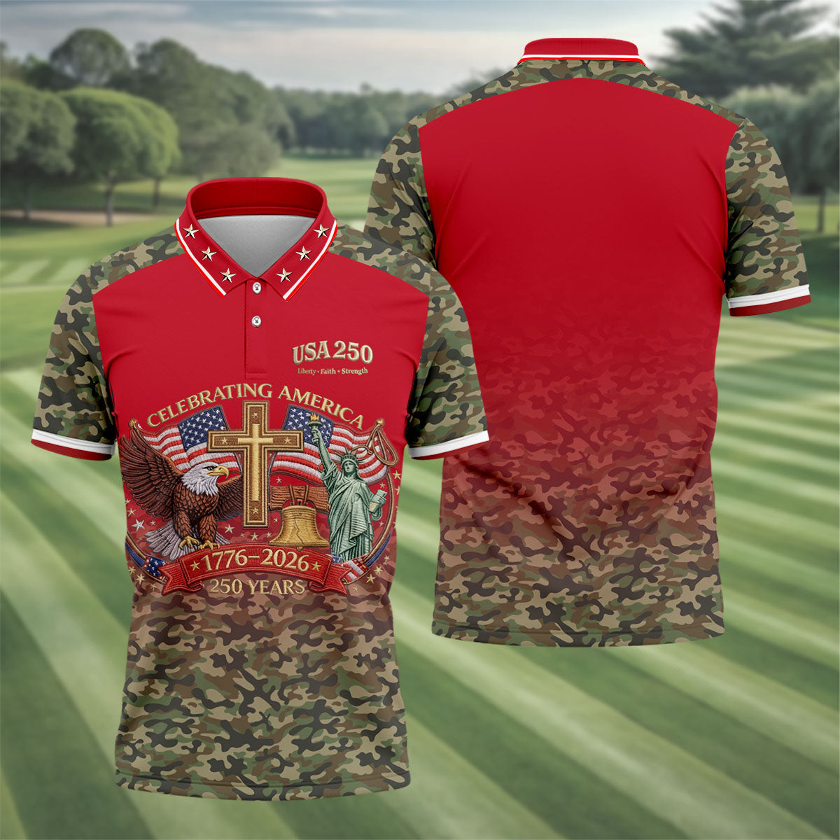 Liberty Faith Strength Faith Cross USA 250 Red Camo Golf Shirt, 4th Of July Golf Shirts For Men
