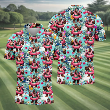 Funny Bigfoot Flamingo Float Tropical Golf Polo Shirt, Men's Golf Shirt, Golf Polo Shirts For Men