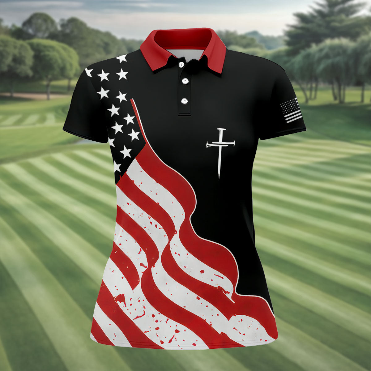 Faith Cross America 250th Anniversary 4th Of July Shirt, Patriotic Black Golf Shirt For Women