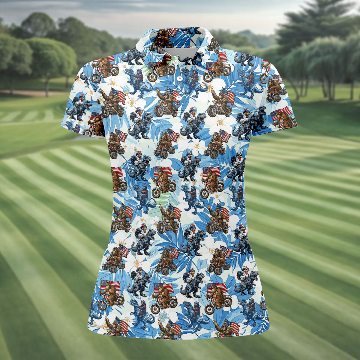 Patriotic Bald Eagle Funny T-Rex Bigfoot Hawaiian Golf Shirt, 250 Years 4th Of July Golf Shirt For Women