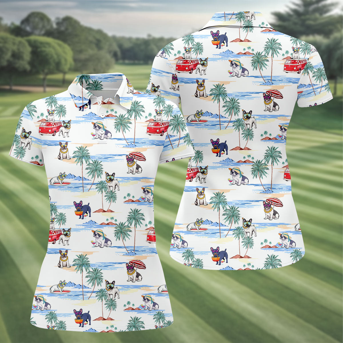 French Bulldog Beach Vacation Hawaiian Golf Polo Shirt, Ladies Golf Tops, Golf Polo For Women
