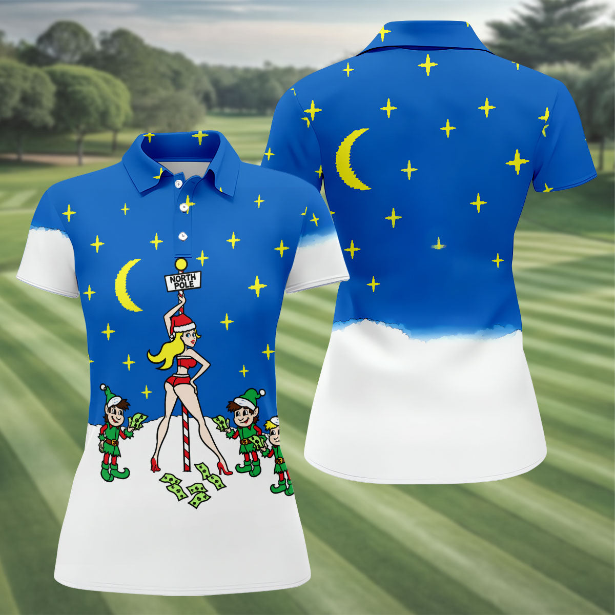 Funny North Pole Christmas Pin Up Polo Shirt, Women’s Golf Polo, Golf Tops For Women