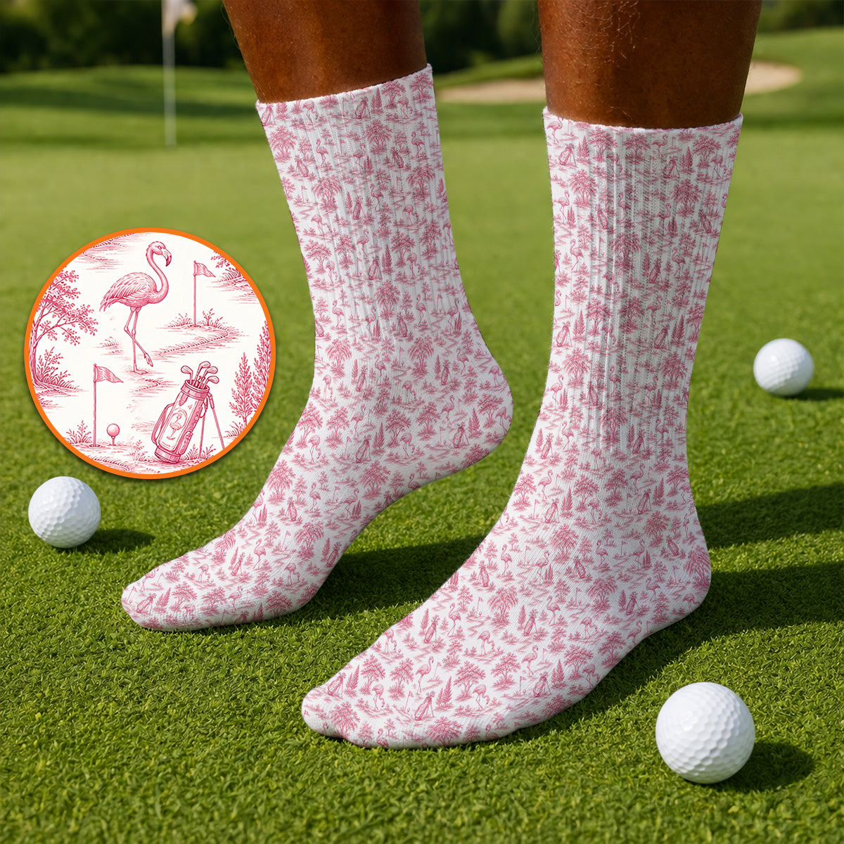 Toile De Jouy Flamingo Golf Crew Sock, Crazy Pink Golf Socks, Golf Gift For Golfer