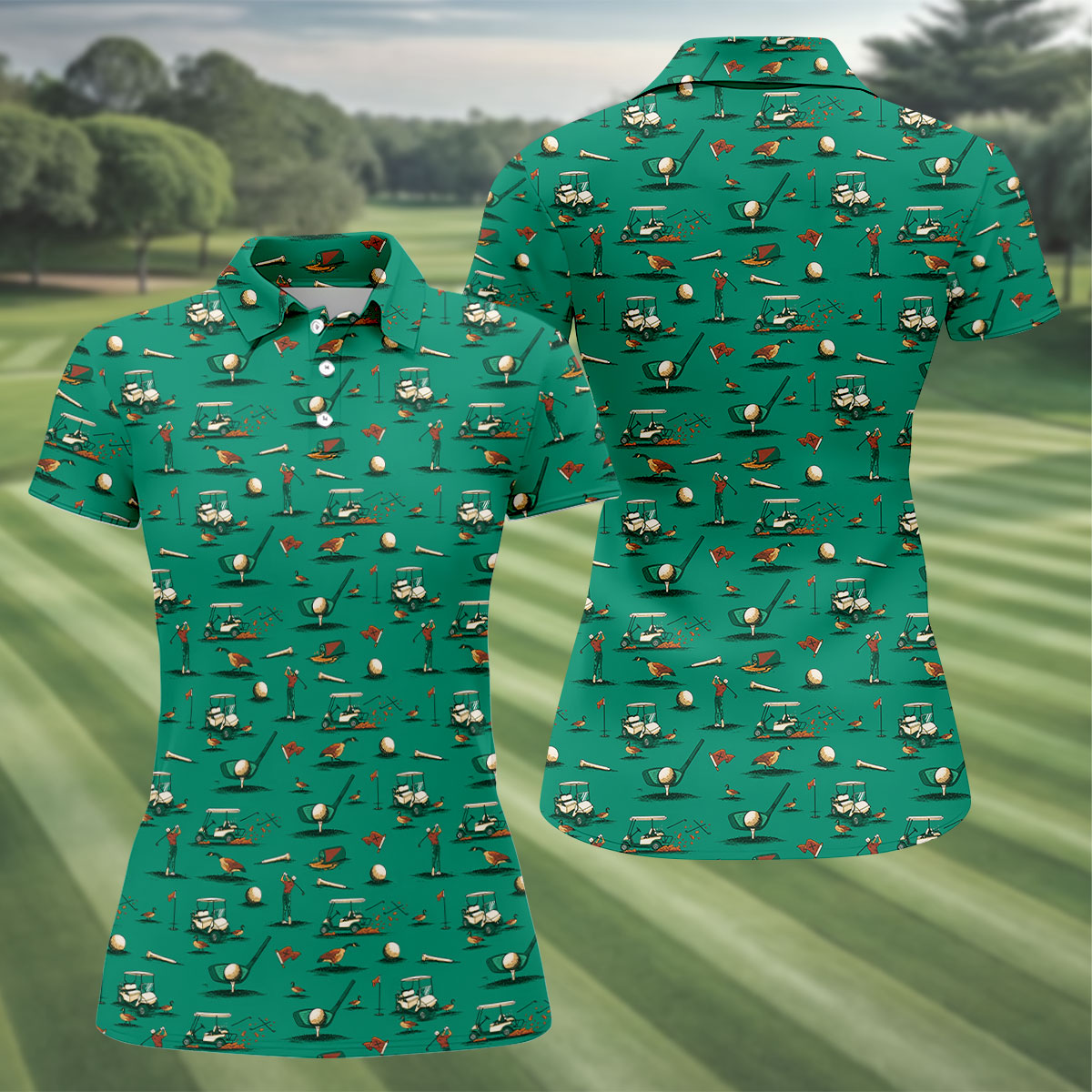 Funny Goose Golf Cart Pattern Green Polo Shirt, Womens Golf Tops, Golf Polo For Women