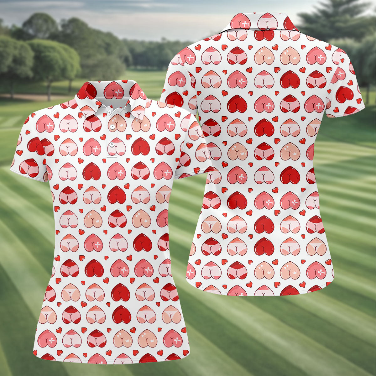 Funny Heart Butt Pattern Golf Polo Shirt, Golf Shirts For Women, Women’s Golf Apparel
