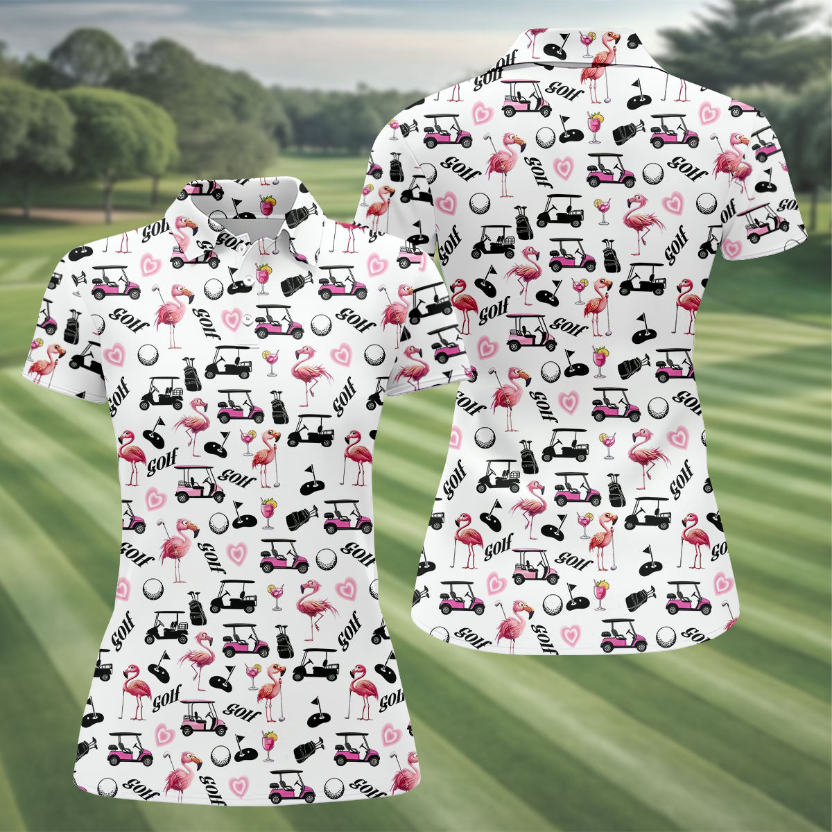 Pink Flamingo Golf Cart Martini Hawaiian Golf Shirt, Women’s Golf Polo, Ladies Golf Shirts