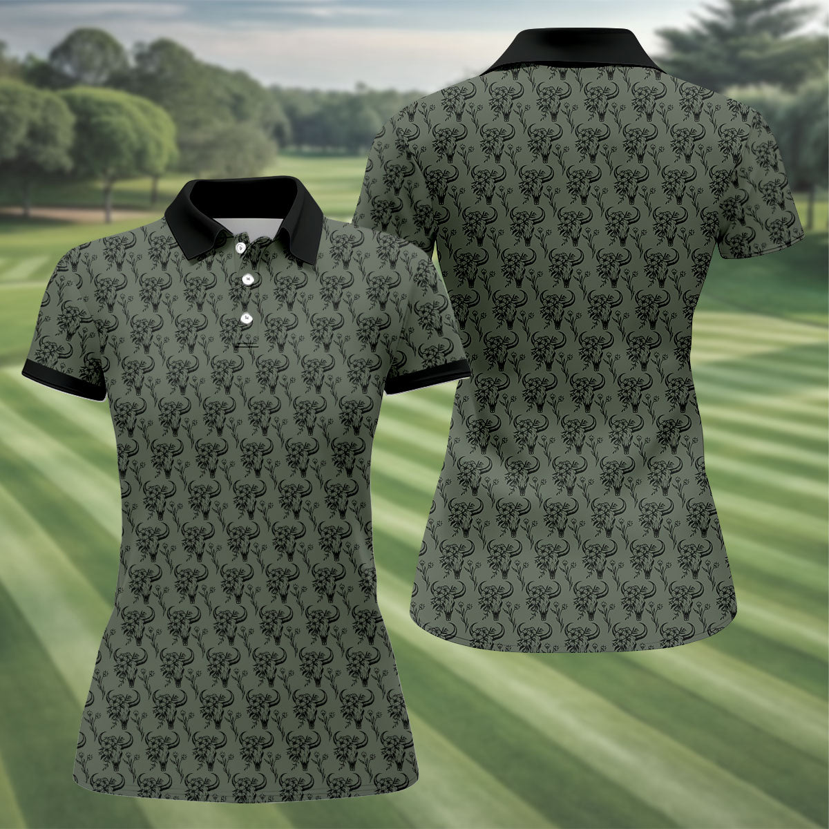 Cow Skull With Flowers Western Theme Forest Green Women Golf Top, Ladies Golf Shirts, Golf Shirt For Women