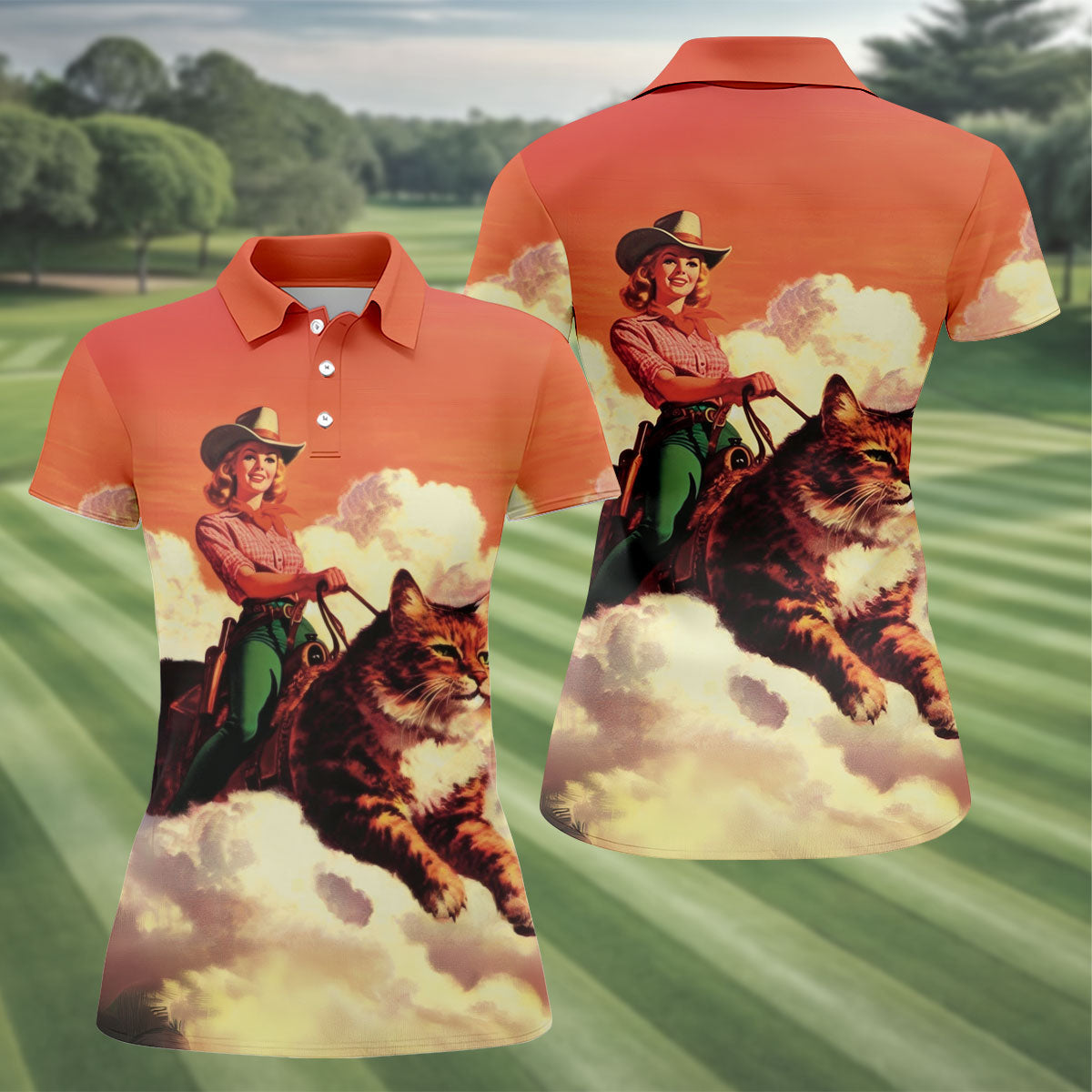 Orange Vintage Cowgirl Riding Giant Cat Golf Polo Shirt, Women's Golf Polo, Golf Shirts For Women