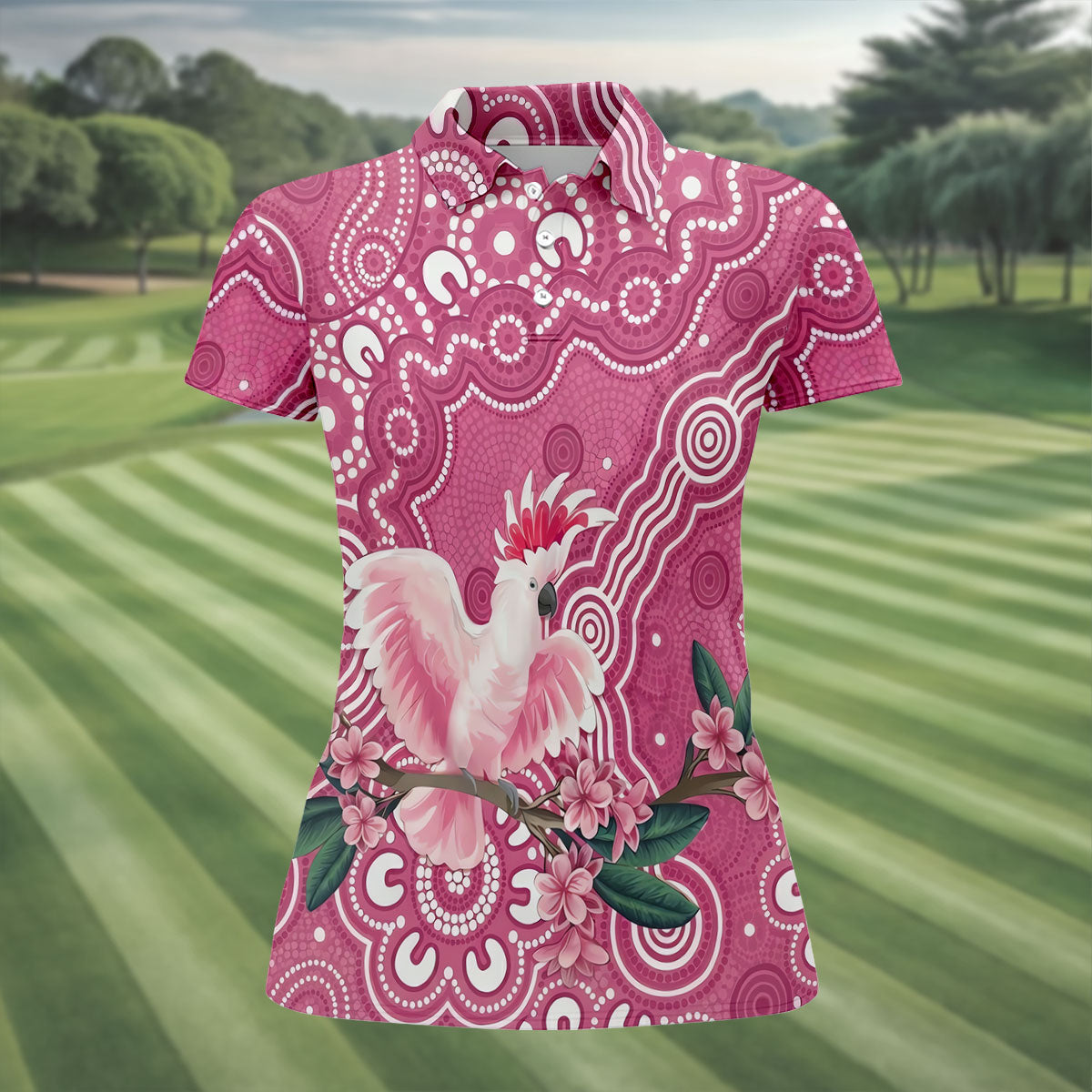 Pink Cockatoo Floral Aboriginal Art Polo Shirt, Hawaiian Golf Shirt, Golf Tops For Women