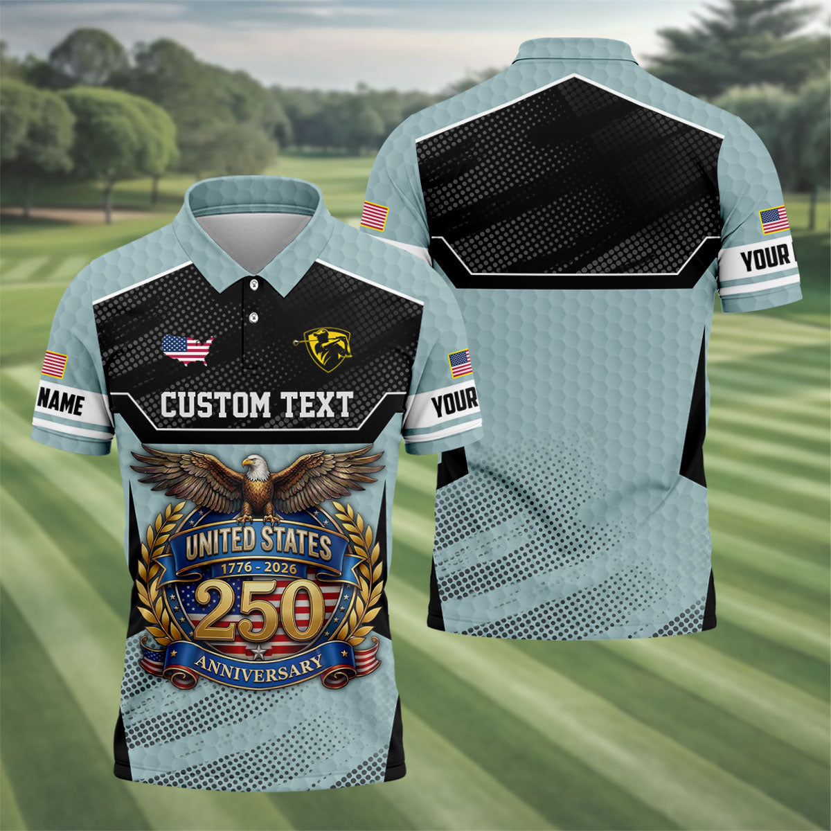 US 250 Anniversary Patriotic 4th Of July Blue Grey Golf Shirt, Polo Shirts For Men, Golf Shirts For Men