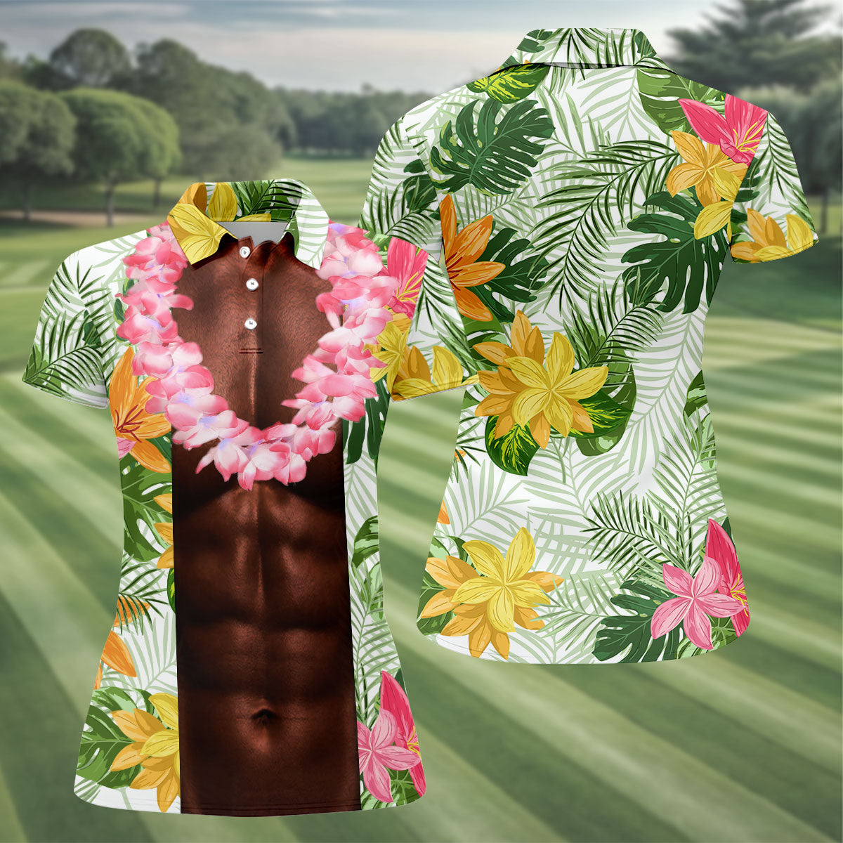Dark Skin Tropical Muscle Chest Hawaiian Golf Polo Shirt, Ladies Golf Shirts, Golf Polo For Women