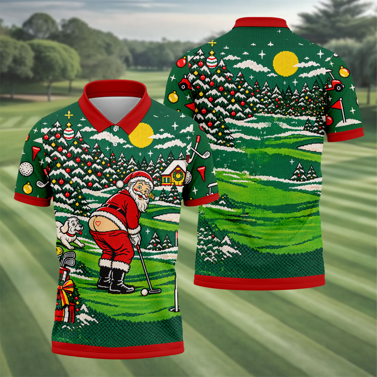Funny Santa Mooning Dog Christmas Golf Shirt, Mens Golf Polo, Golf Shirts For Men