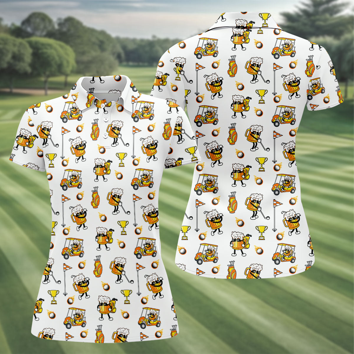 Funny Beer Mug Golfer Pattern Golf Polo Shirt, Women’s Golf Polo, Golf Shirts For Women
