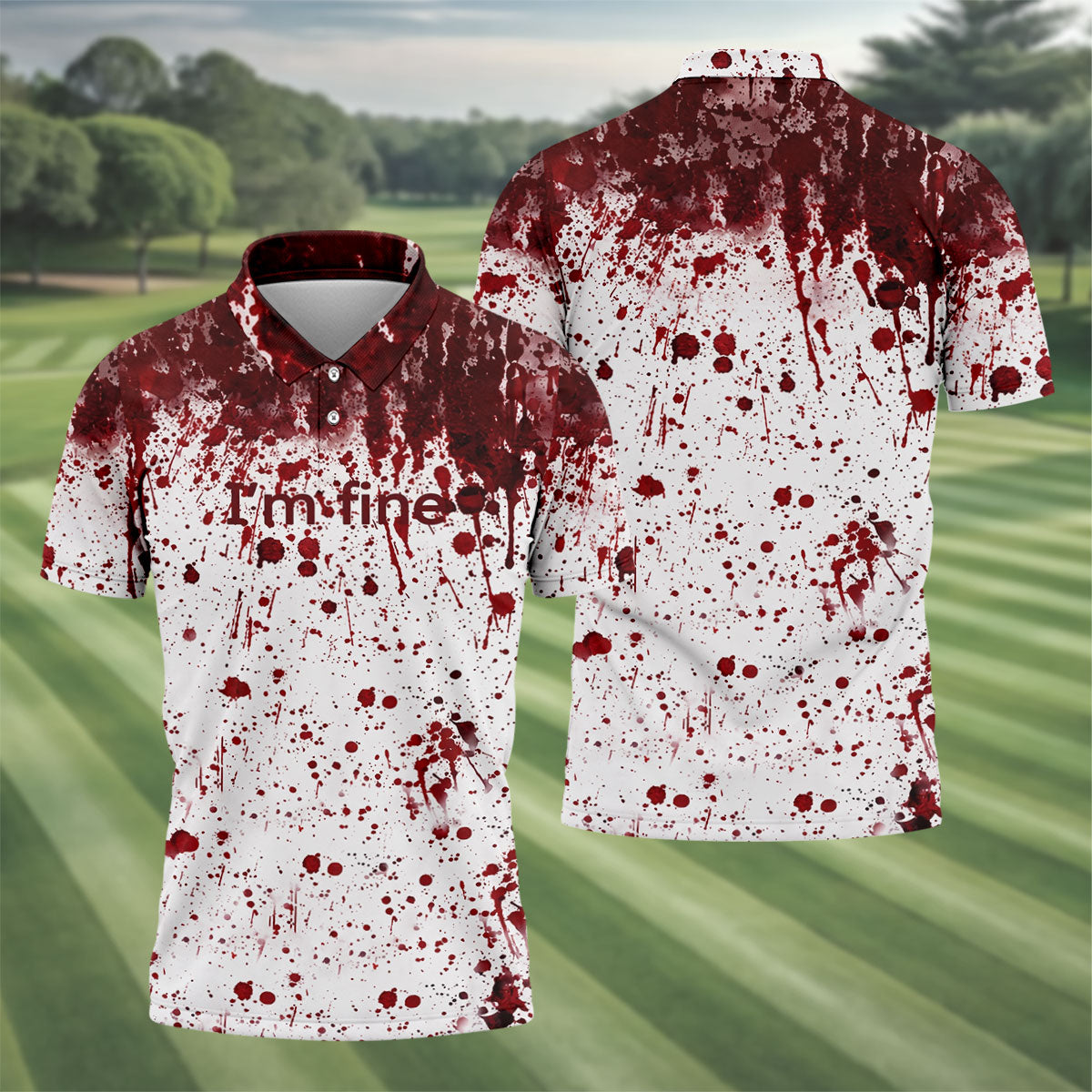 I'm Fine Bloody Splatter Halloween Golf Polo Shirt for Men, Mens Golf Shirts, Golf Apparel For Men