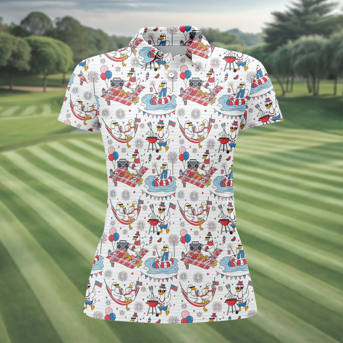 Funny Patriotic Duck Summer Party Polo Shirt, Womens Golf Polo, Golf Shirts For Women