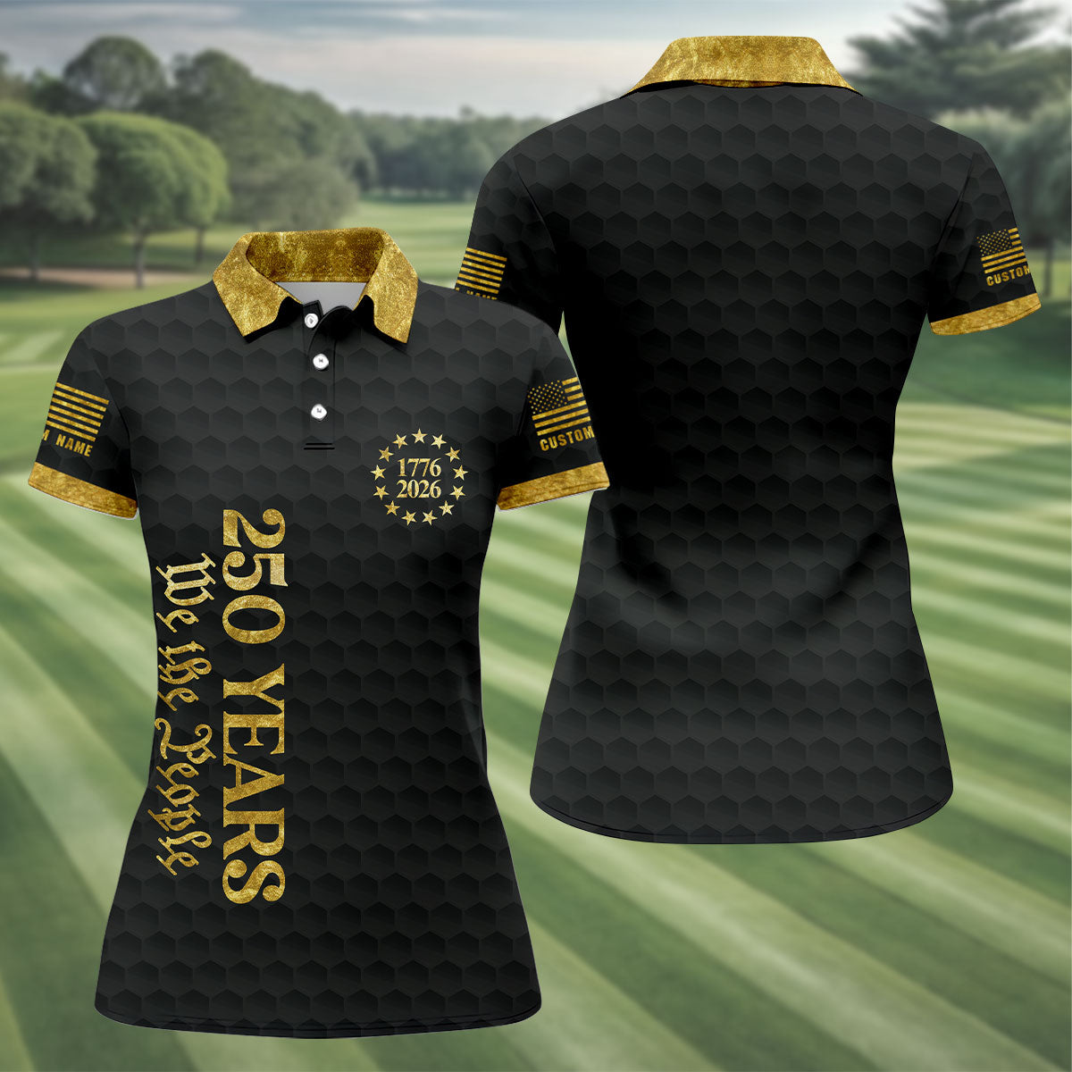 We The People 250 Years Gold Textured Patriotic Golf Shirt, 4th Of July Golf Shirt For Women