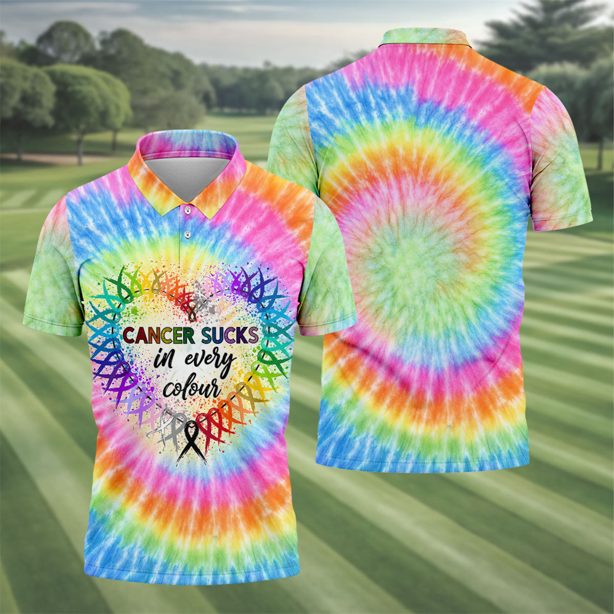 Cancer Sucks In Every Colour Tie Dye Ribbon Polo Shirt, Men's Golf Shirt, Mens Golf Polo