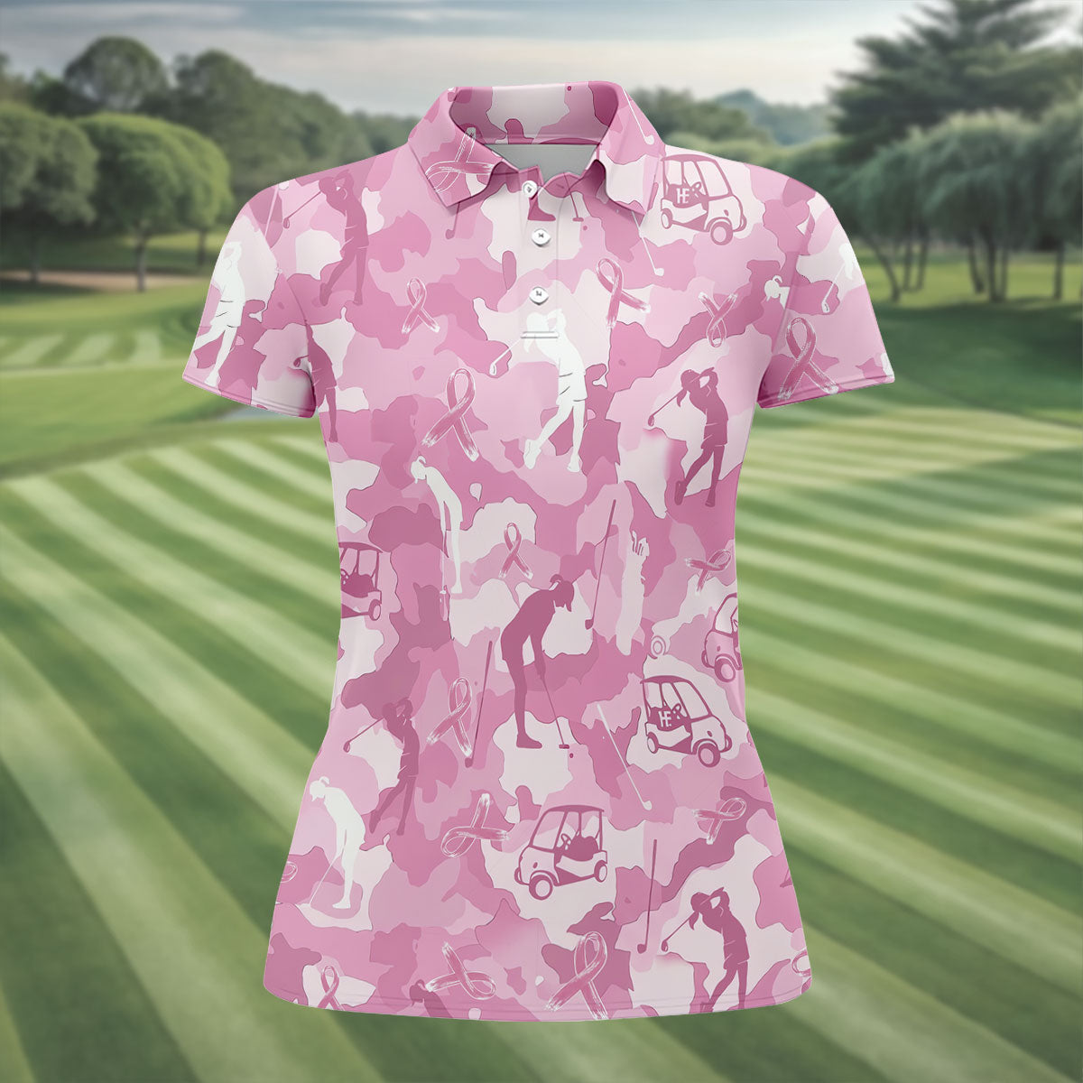 Pink Camo Golfer Breast Cancer Ribbon Polo Shirt, Ladies Golf Tops, Women’s Golf Polo