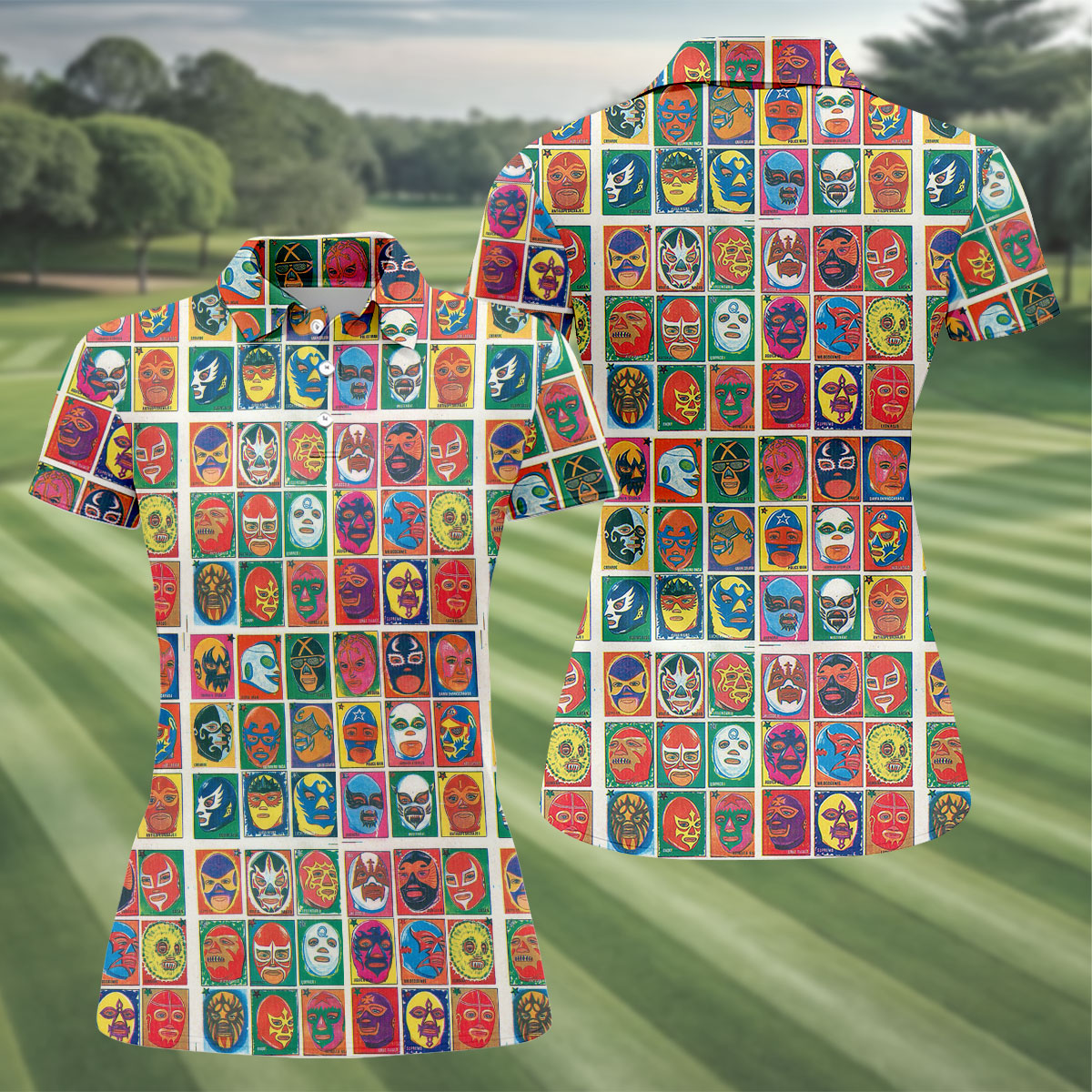 Lucha Libre Mask Grid Pattern Ladies Golf Tops, Cinco De Mayo Celebration Golf Shirt For Women