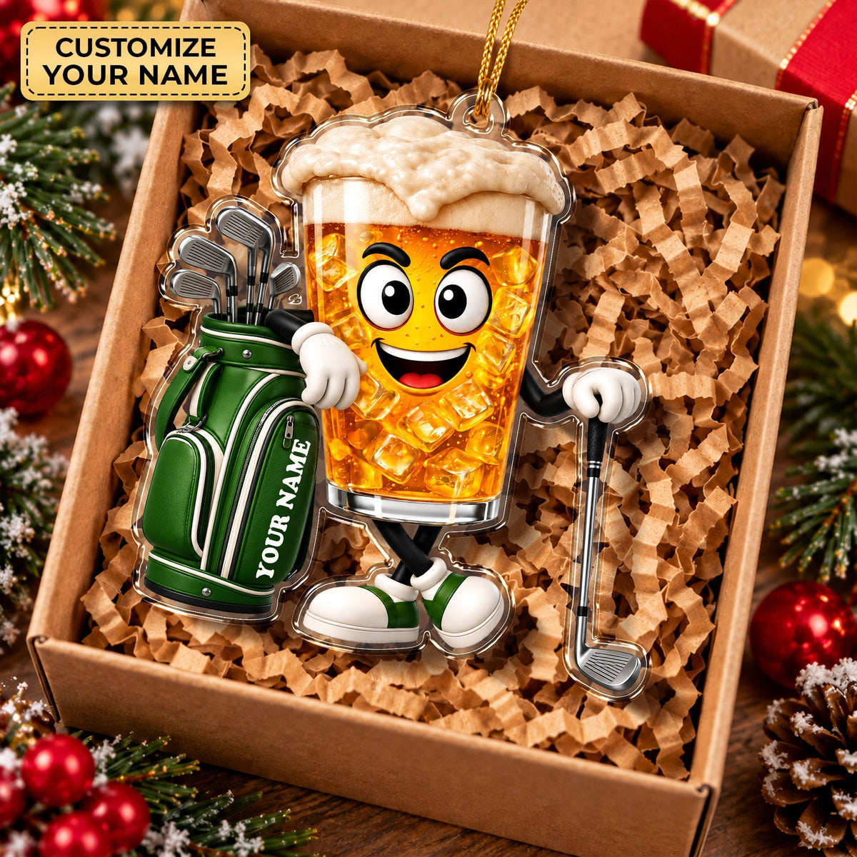 Custom Name Beer Glass Golf Acrylic Ornament, Golf Lover Gifts, Christmas Ornaments