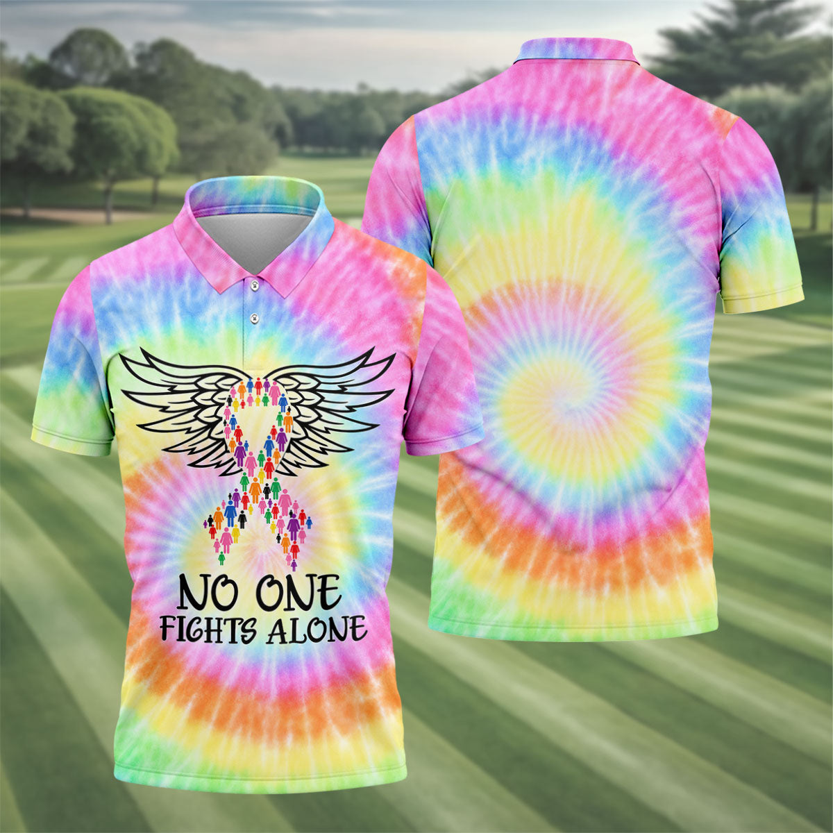 No One Fights Alone Cancer Ribbon Wings Polo Shirt, Golf Shirts For Men, Mens Golf Shirts