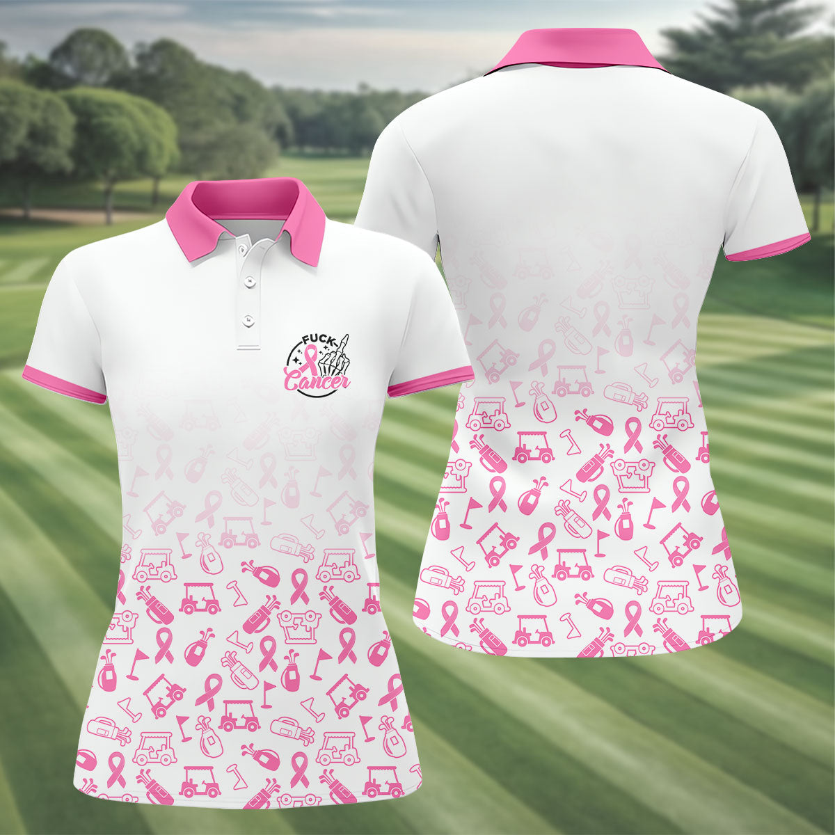 Fuck Cancer Pink Ribbon Breast Cancer Polo Shirt, Ladies Golf Top, Women’s Golf Apparel