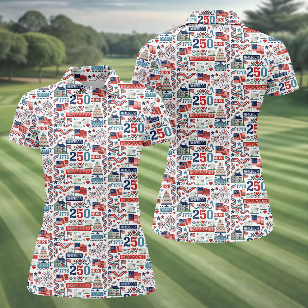 America Independence 250 Years White Golf Shirt, Patriotic 4th Of July Golf Shirt For Women