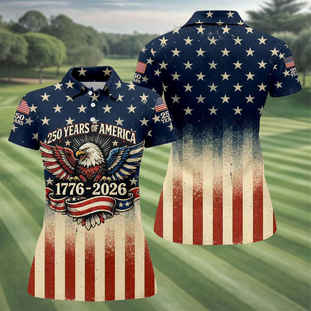 250 Years Bald Eagle US Flag Retro Golf Shirt, Patriotic 4th Of July Golf Shirt For Women
