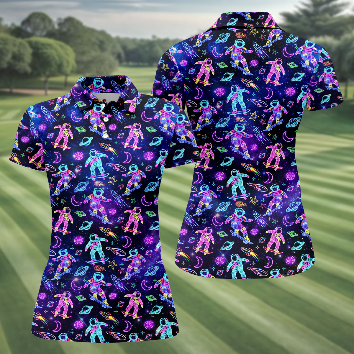 Neon Astronaut Skateboarding Galaxy Polo Shirt, Women’s Golf Polo, Golf Shirts For Women, Printed Golf Shirt