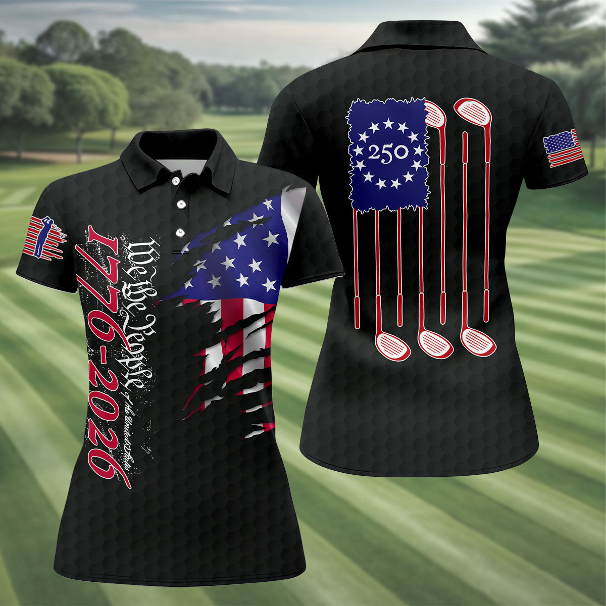 We The People Distressed American Flag Black Golf Shirt, 4th Of July Golf Shirt For Women