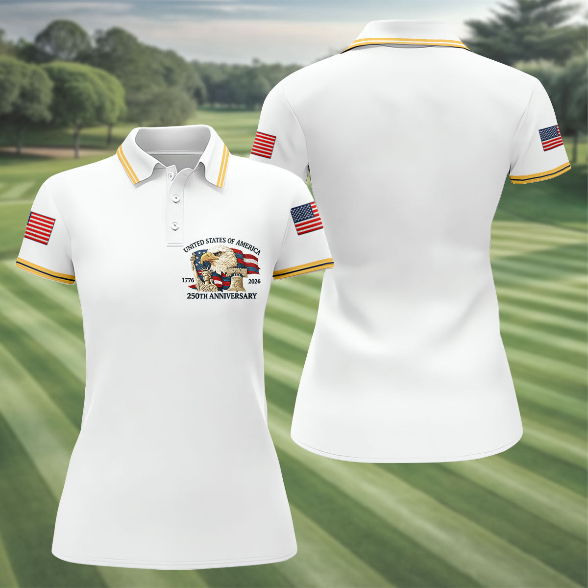 Bald Eagle American Flag 250 Years White Golf Shirt, Patriotic 4th Of July Golf Shirt For Women