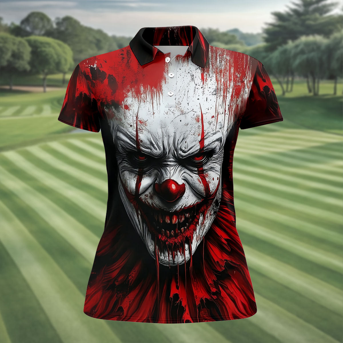 Scary Evil Clown Halloween Golf Polo Shirt, Ladies Golf Tops, Golf Shirts For Women