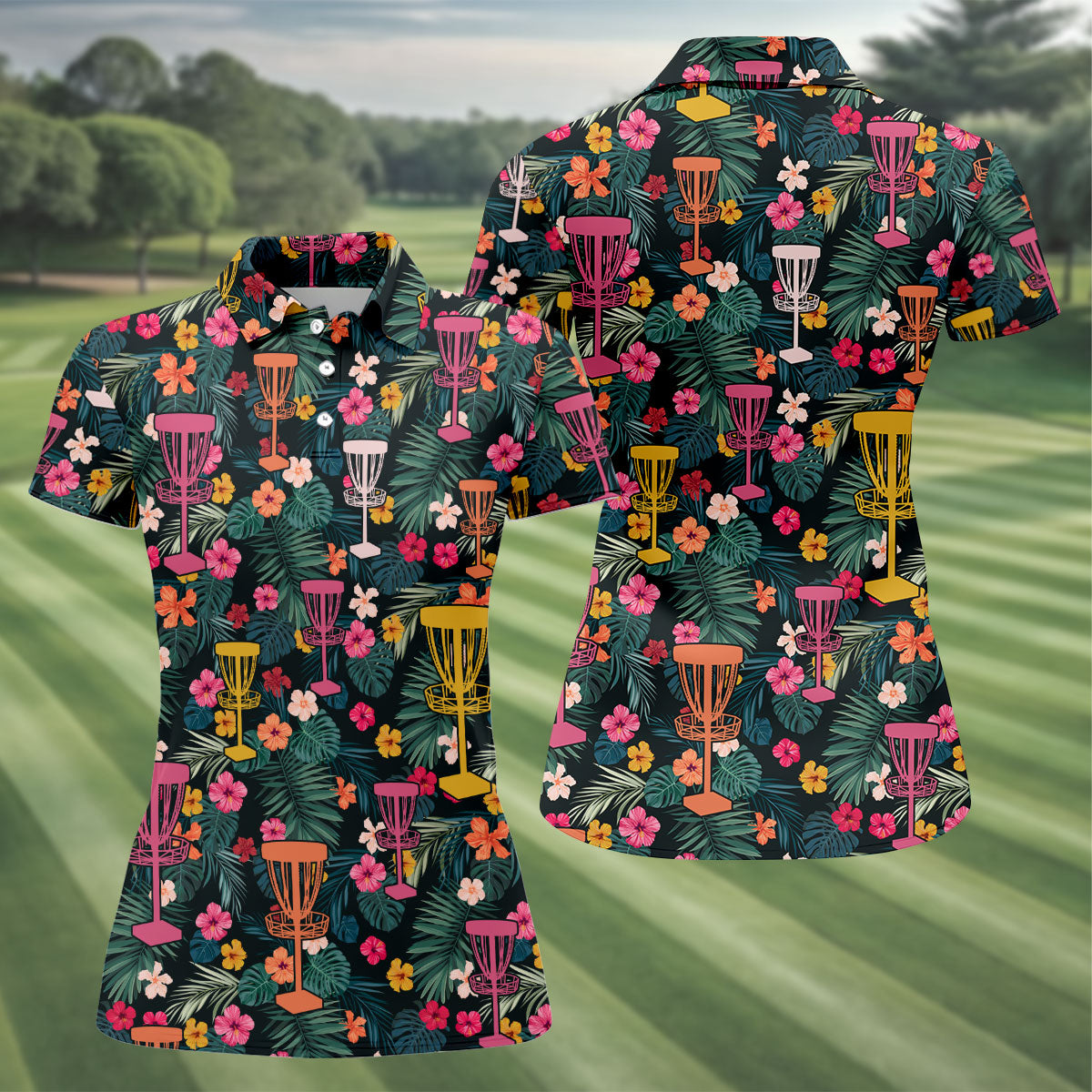 Dark Tropical Disc Golf Basket Polo Shirt, Women’s Golf Tops, Golf Polo For Women