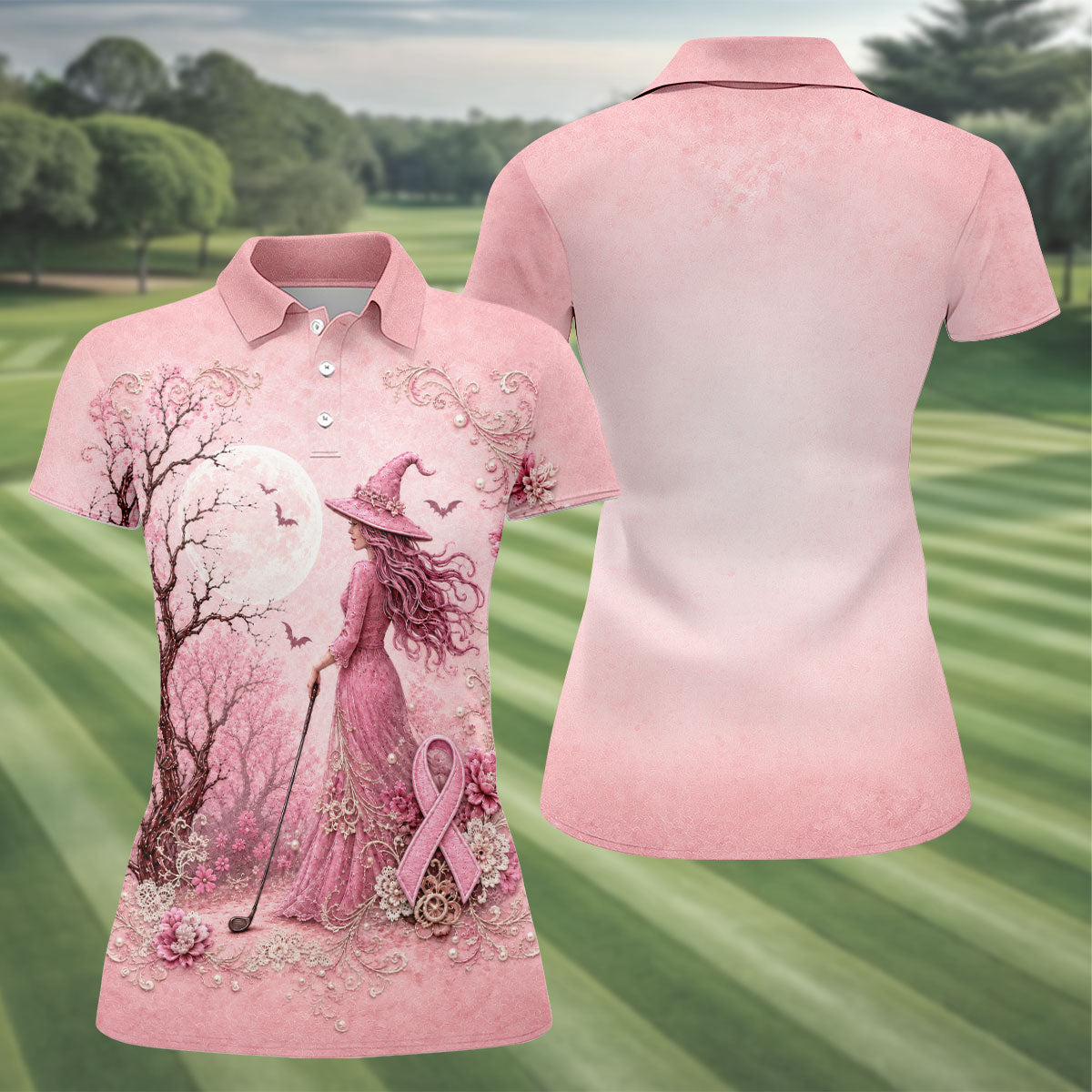 Breast Cancer Awareness Pink Witch Moon Women’s Golf Polo, Golf Shirts For Women