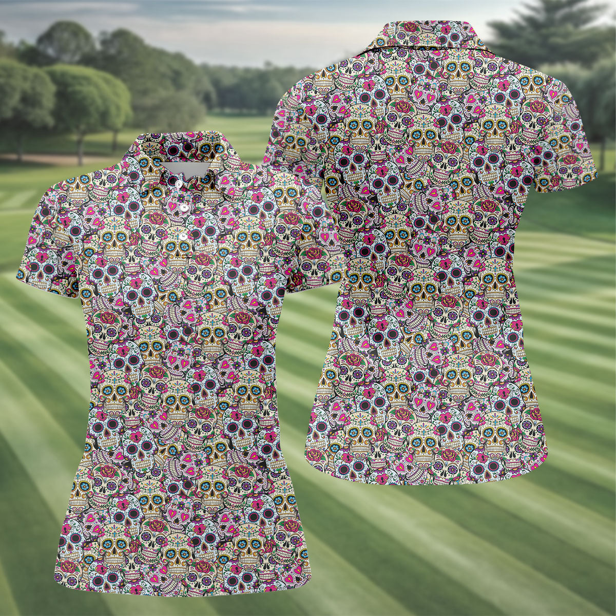 Colorful Sugar Skull Floral Golf Polo Shirt, Golf Shirts For Women, Women’s Golf Polo