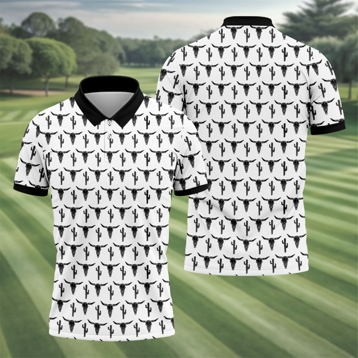 Longhorn Cow Skull Western Theme White Golf Tops For Men, Polo Shirts For Men, Golf Shirts For Men