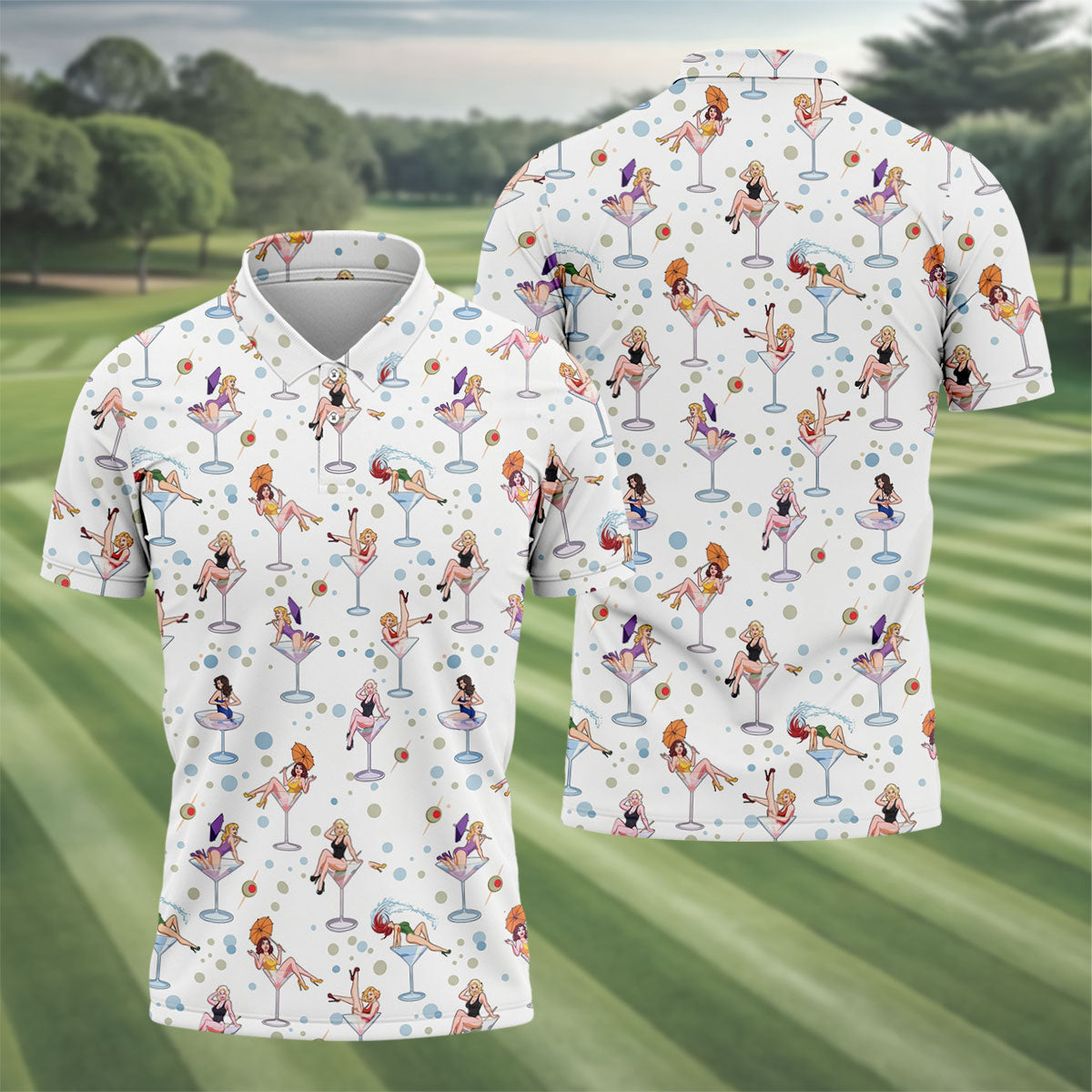 Retro Pin Up Martini Cocktail Hawaiian Golf Shirt, Golf Shirts For Men, Hawaiian Golf Shirt