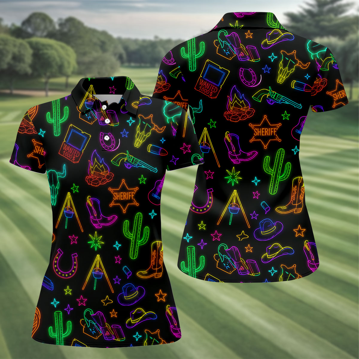 Neon Western Cowboy Pattern Golf Polo Shirt, Ladies Golf Shirts, Women's Golf Polo